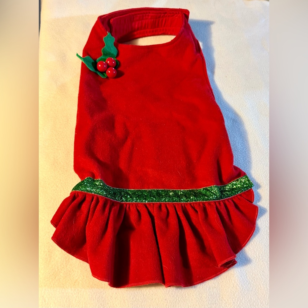 Festive Red Dog Dress with Green Accents